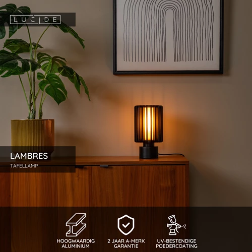 Lucide LAMBRES - Tafellamp - Ø 15 cm - 1xE27 - Zwart - USP